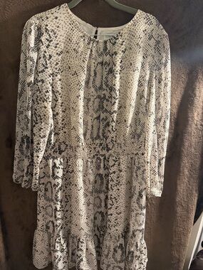 J. Crew Cream and Black Snake-Print Smocked Dress